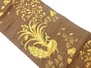 手織り紬孔雀に草花模様織出し名古屋帯